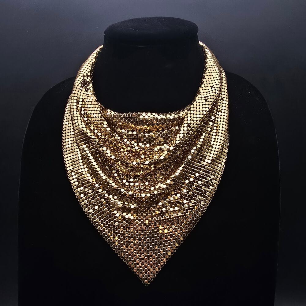 Whiting & Davis Gold Tone Mesh Bib Necklace Vintage Costume Jewelry - Picture 8 of 9